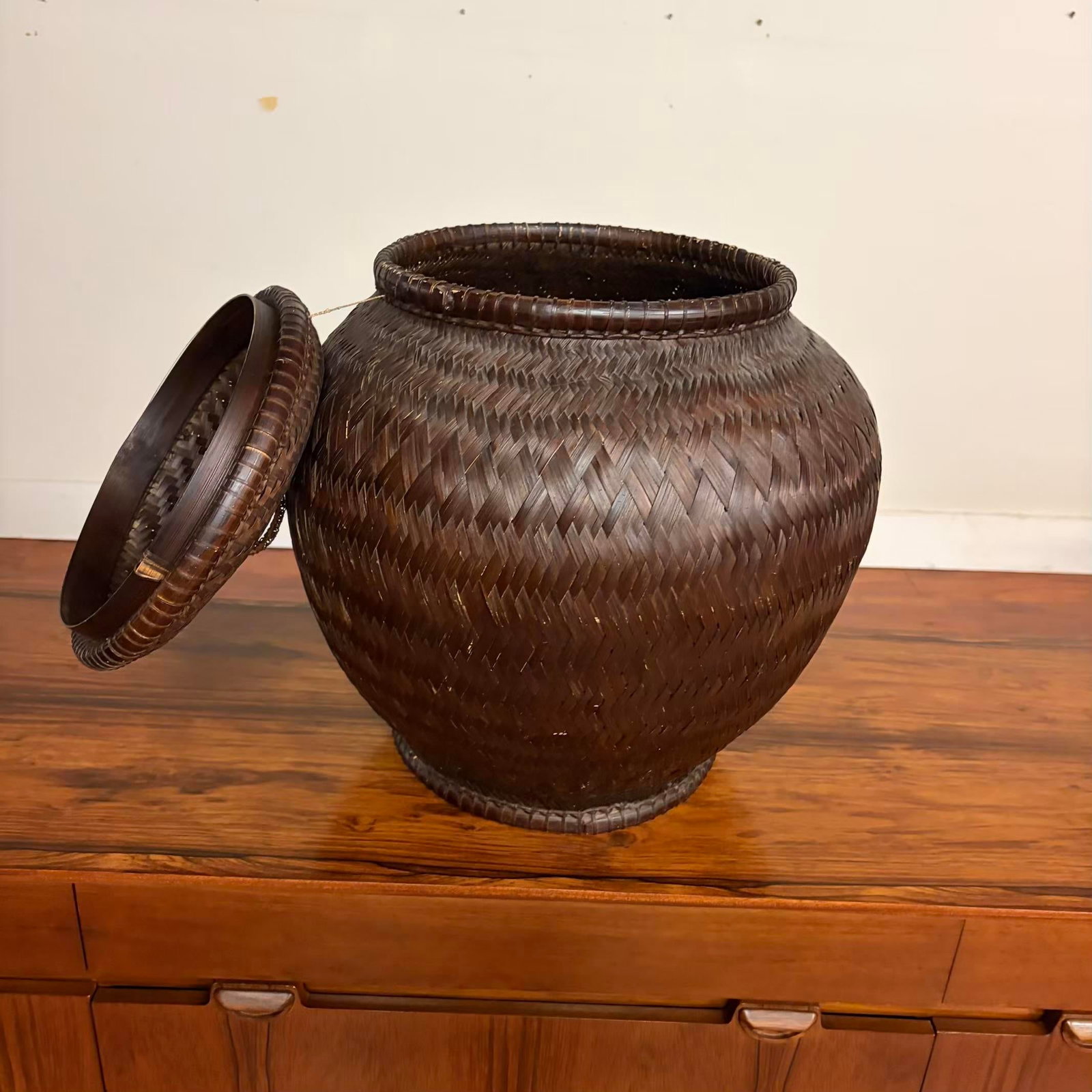 Vintage Handwoven Lidded Basket, Extra Large Storage Vessel - 5