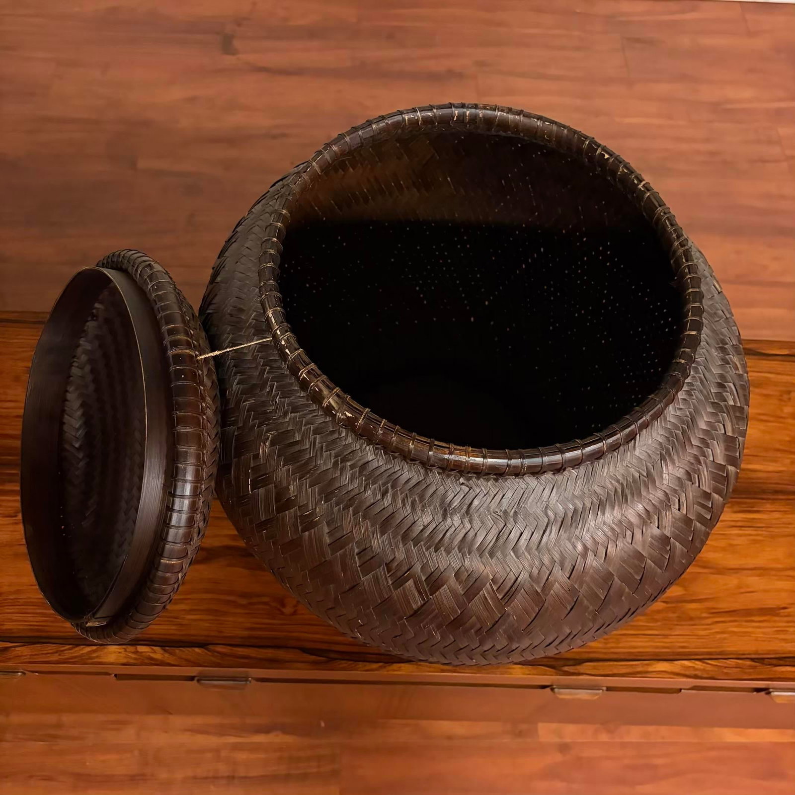 Vintage Handwoven Lidded Basket, Extra Large Storage Vessel - 6
