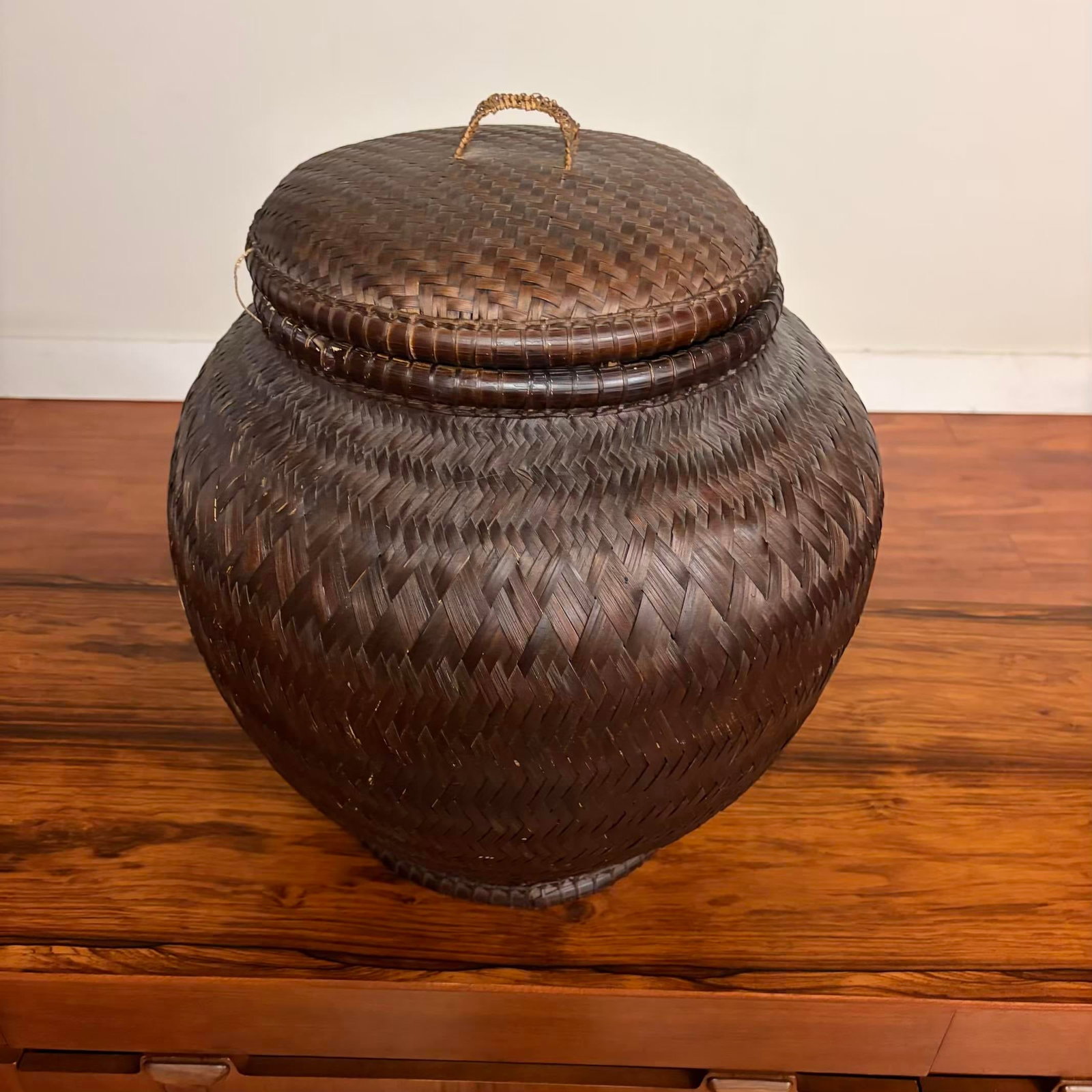 Vintage Handwoven Lidded Basket, Extra Large Storage Vessel - 7