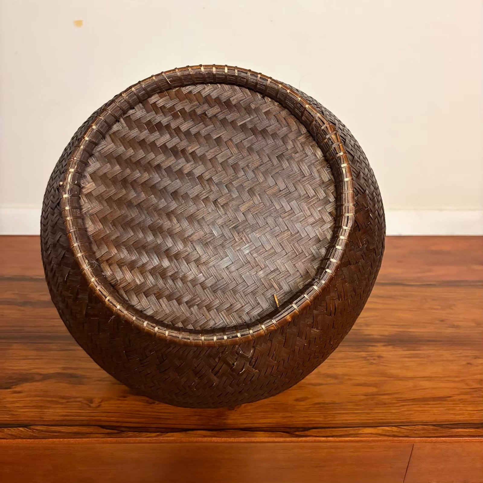 Vintage Handwoven Lidded Basket, Extra Large Storage Vessel - 8