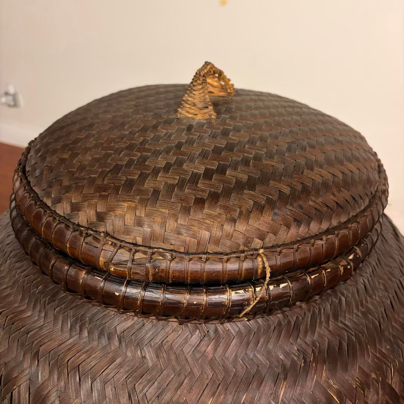Vintage Handwoven Lidded Basket, Extra Large Storage Vessel - 9