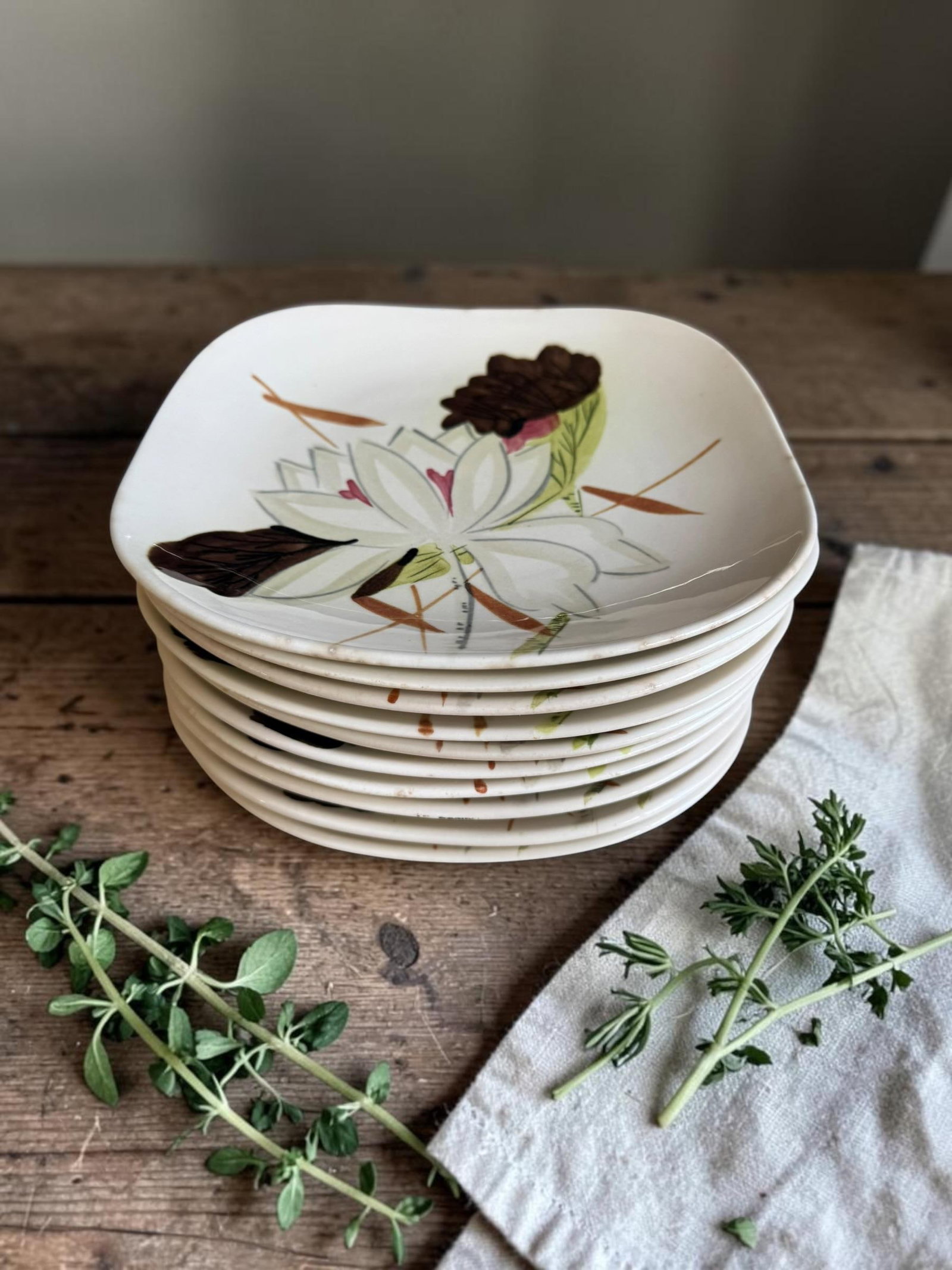 1950s Red Wing Pottery Lotus Pattern Square Bread Plates - Set of 10 - 2