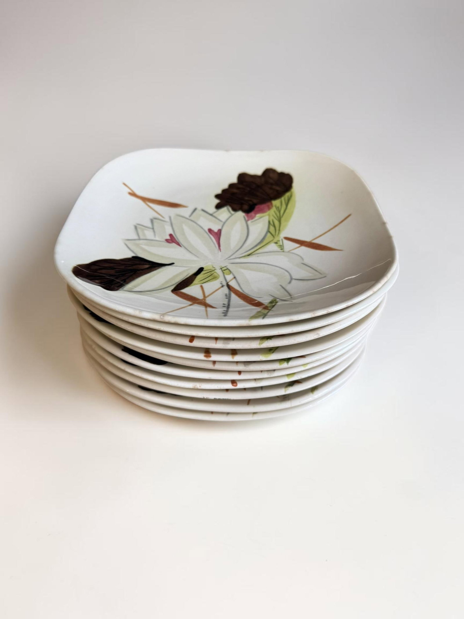 1950s Red Wing Pottery Lotus Pattern Square Bread Plates - Set of 10 - 3