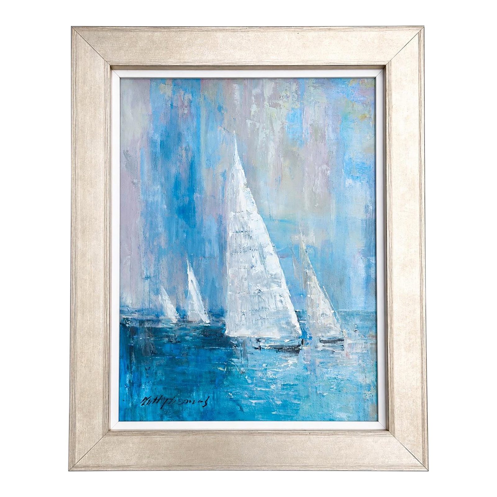 Blue Coastal Sailboat Seascape Original Oil Painting – Framed, by Matt Thomas: Original coastal oil painting on canvas by Matt Thomas, featuring a serene sailboat composition rendered in layered shades of blue, aqua, and soft gray with expressive texture and movement.