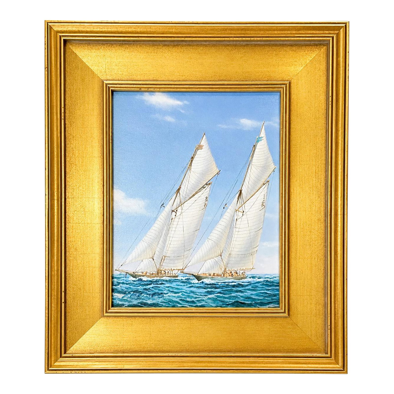 Schooners Cutting Original Sailboat Oil Painting in Custom Gold Frame, 14 X 16" by Matt Thomas: Original oil on canvas by Matt Thomas featuring an elegant pair of racing sailboats cutting through coastal waters beneath a soft blue sky. Custom framed in a wood, gold-toned frame that perfectly