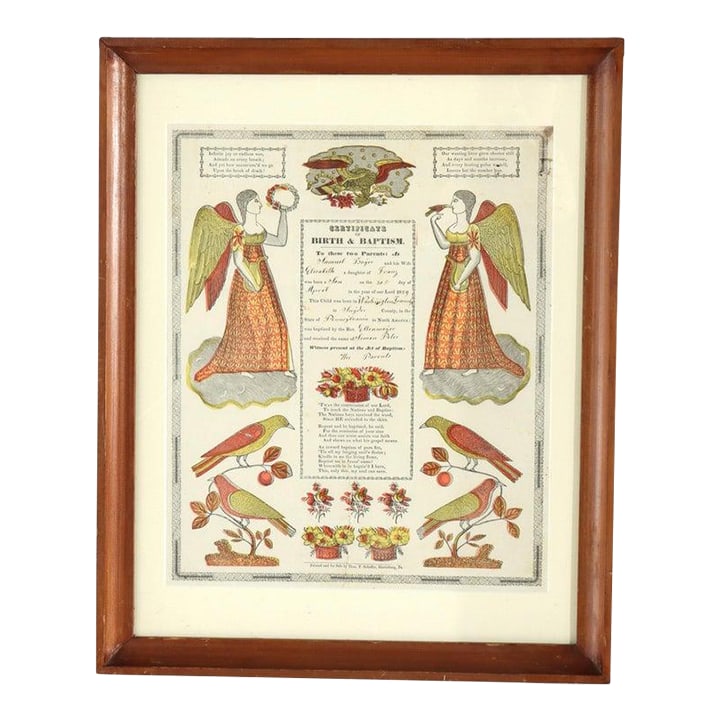Pa German Fraktur Taufschein Hand Colored Birth/Baptismal Certificate C1859: This antique Pennsylvania German Fraktur Taufschein, a hand-colored birth and baptismal certificate, was printed by Theo. F. Scheffer of Harrisburg, Pennsylvania, dating to 1859. The certificate