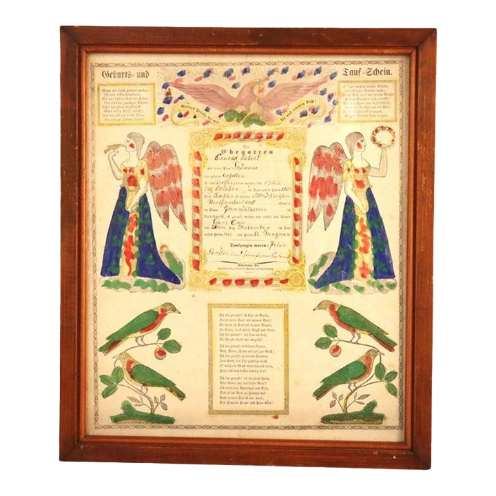 Pa German Fraktur Taufschein Watercolor & Ink Birth/Baptismal Certificate C1857: A mid-19th century Pennsylvania German Fraktur, this hand-colored birth and baptismal certificate ('Geburts- und Tauf-Schein') is a fine piece of American folk art. The document was printed by the