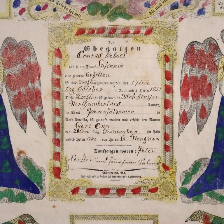 Pa German Fraktur Taufschein Watercolor & Ink Birth/Baptismal Certificate C1857 - 7