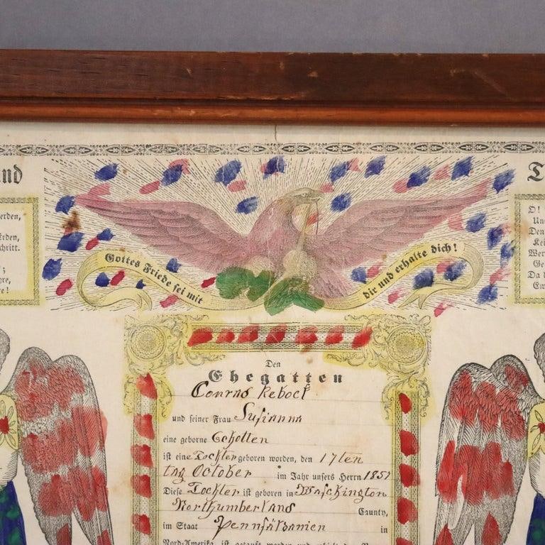 Pa German Fraktur Taufschein Watercolor & Ink Birth/Baptismal Certificate C1857 - 9