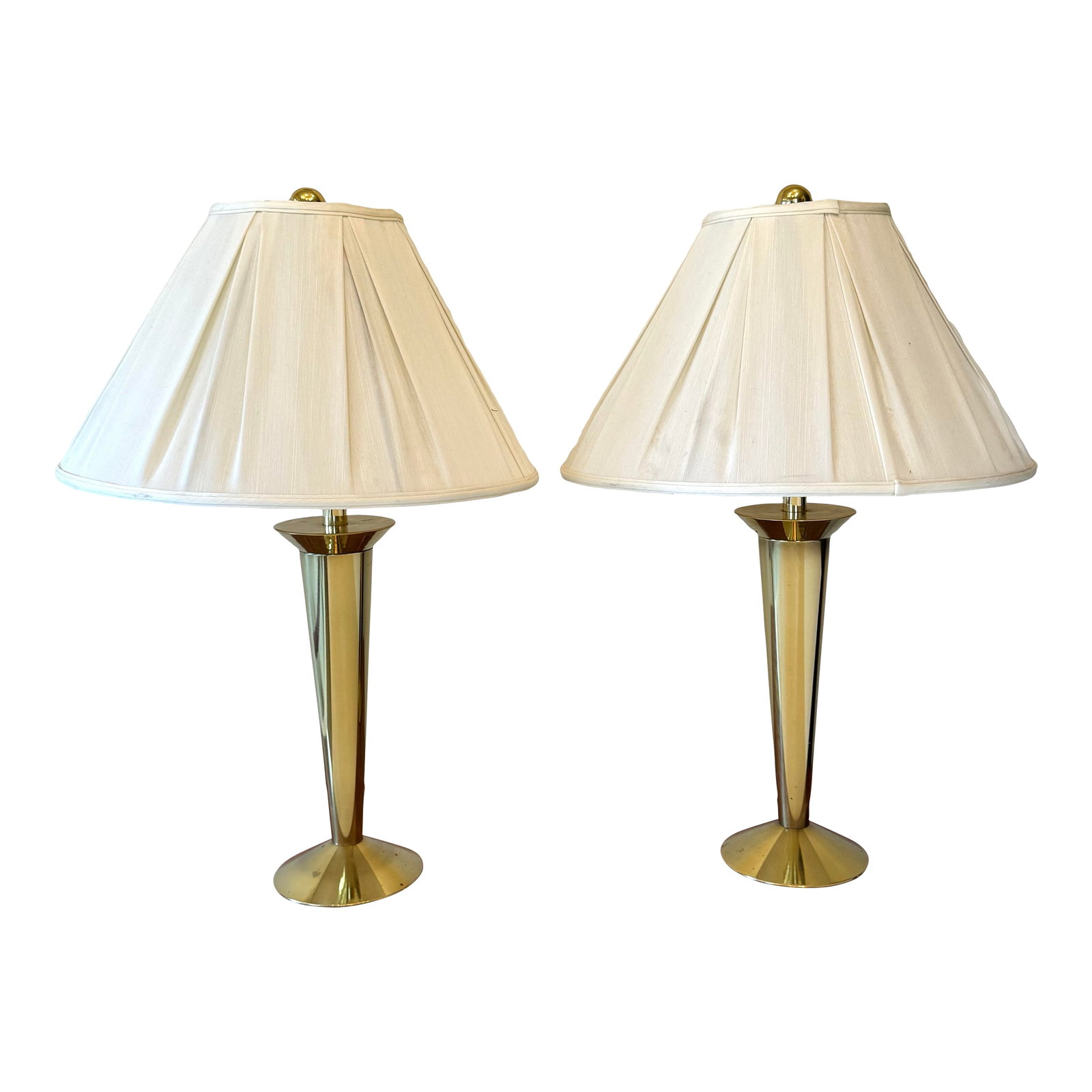 1960s Stiffel Brass Torch Form Table Lamps"”a Pair: Stiffel Brass Torch Form Table Lamps—a Pair. Their clean silhouettes are very Modern — whether used in a Mid-century, contemporary, or even a Hollywood Regency room, they add a strong,