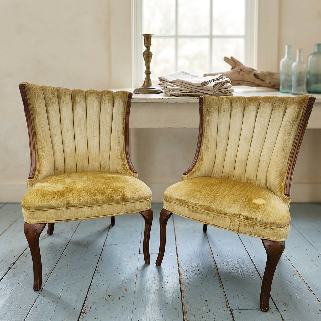 Pair of Vintage Hollywood Regency Shell Back Slipper Chairs, 1940s Style - 18
