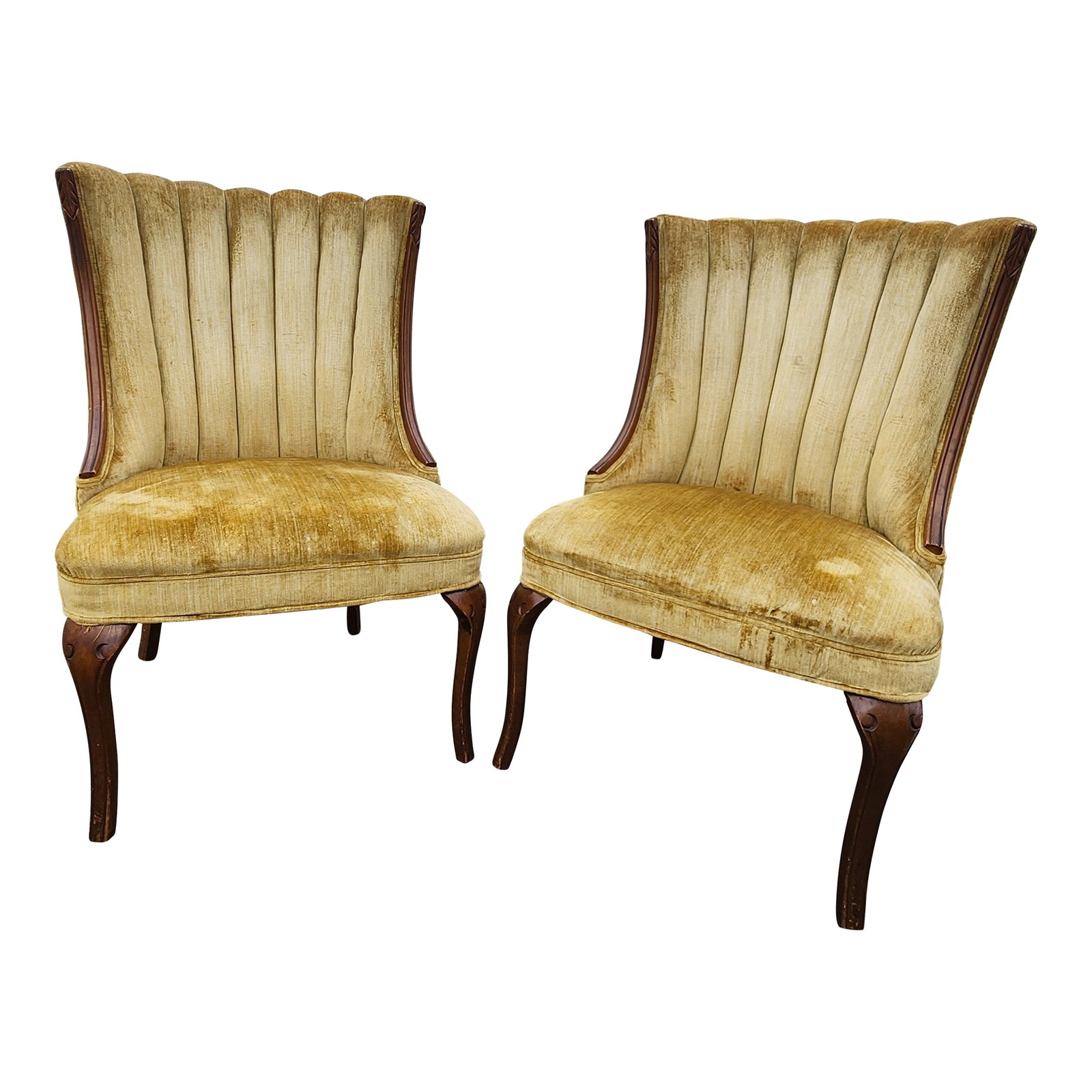 Pair of Vintage Hollywood Regency Shell Back Slipper Chairs, 1940s Style: Elegant pair of vintage Hollywood Regency slipper chairs featuring dramatic fan-shaped channel backs, exposed carved wood side rails, curved front legs, and golden yellow velvet upholstery. The silhou