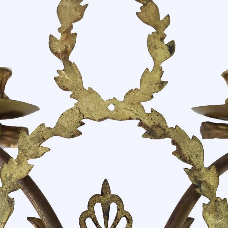 Pair of French Louis XV Laurel Wreath Bronze Double Candle Electric Wall Sconces C1900 - 10
