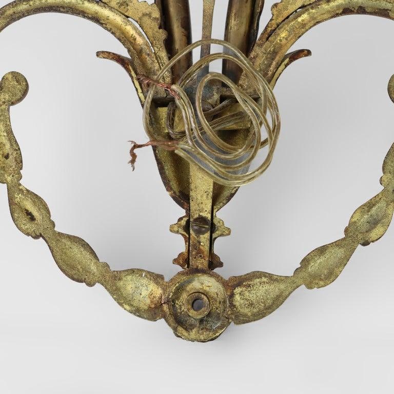 Pair of French Louis XV Laurel Wreath Bronze Double Candle Electric Wall Sconces C1900 - 11