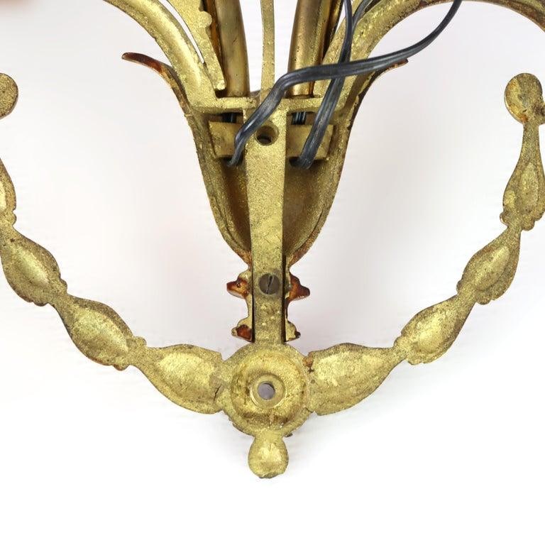 Pair of French Louis XV Laurel Wreath Bronze Double Candle Electric Wall Sconces C1900 - 12