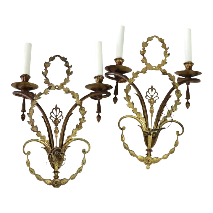 Pair of French Louis XV Laurel Wreath Bronze Double Candle Electric Wall Sconces C1900 (1 of 12)