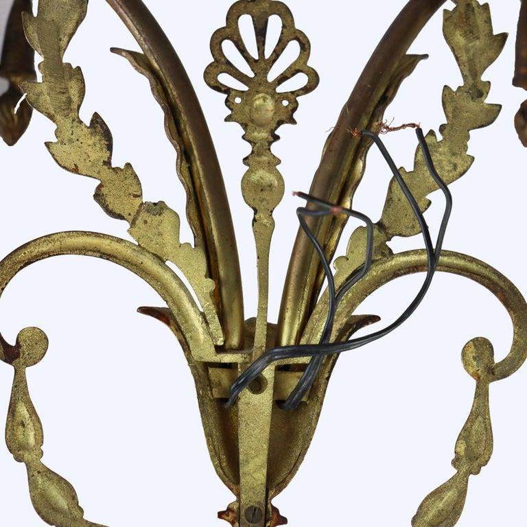 Pair of French Louis XV Laurel Wreath Bronze Double Candle Electric Wall Sconces C1900 - 2