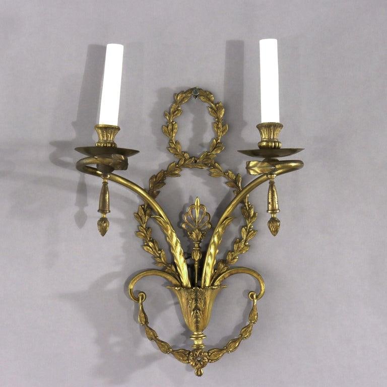 Pair of French Louis XV Laurel Wreath Bronze Double Candle Electric Wall Sconces C1900 - 3