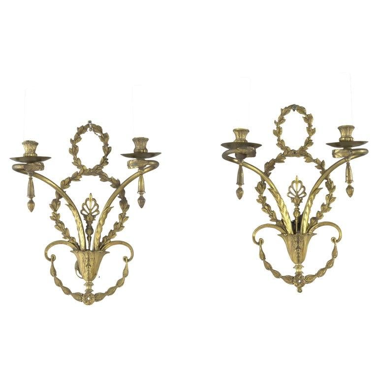 Pair of French Louis XV Laurel Wreath Bronze Double Candle Electric Wall Sconces C1900 - 4