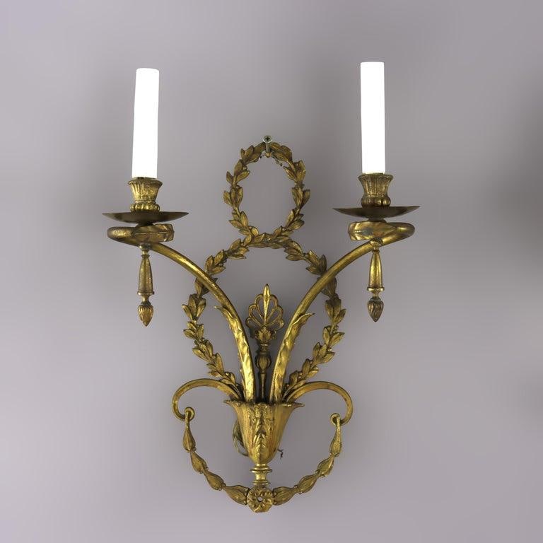 Pair of French Louis XV Laurel Wreath Bronze Double Candle Electric Wall Sconces C1900 - 5