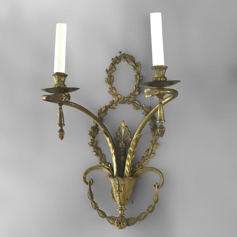 Pair of French Louis XV Laurel Wreath Bronze Double Candle Electric Wall Sconces C1900 - 6
