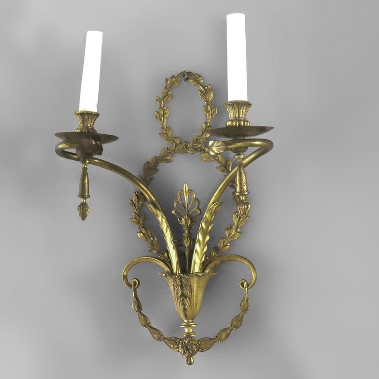 Pair of French Louis XV Laurel Wreath Bronze Double Candle Electric Wall Sconces C1900 - 7
