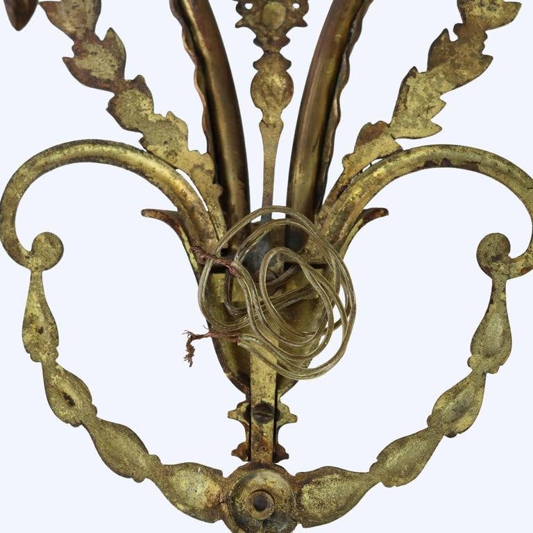 Pair of French Louis XV Laurel Wreath Bronze Double Candle Electric Wall Sconces C1900 - 8