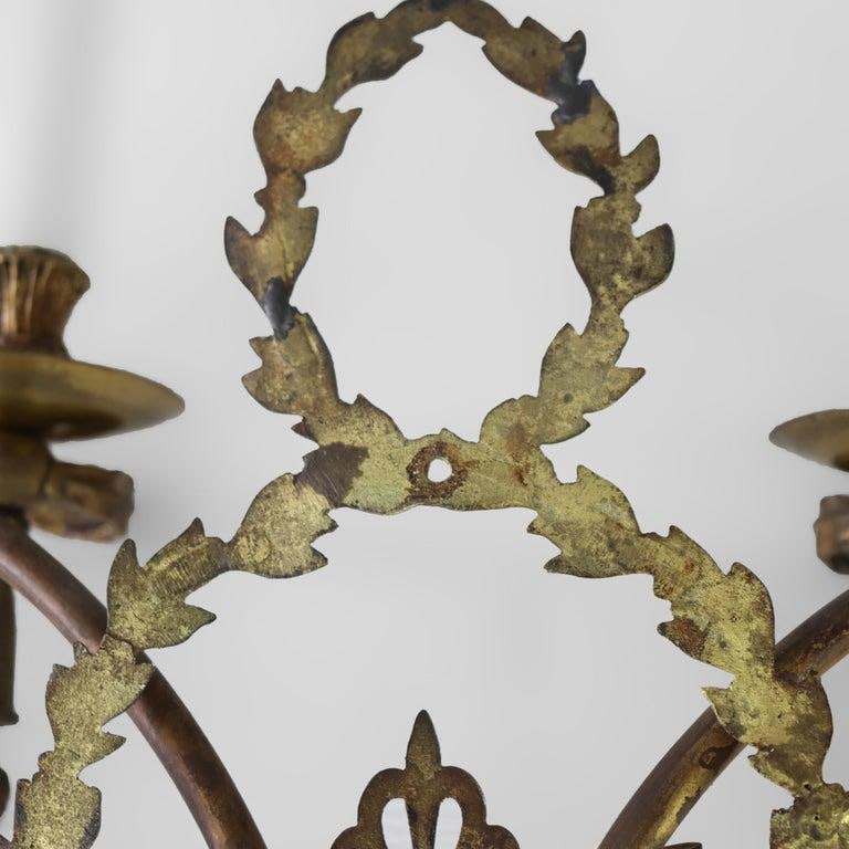 Pair of French Louis XV Laurel Wreath Bronze Double Candle Electric Wall Sconces C1900 - 9