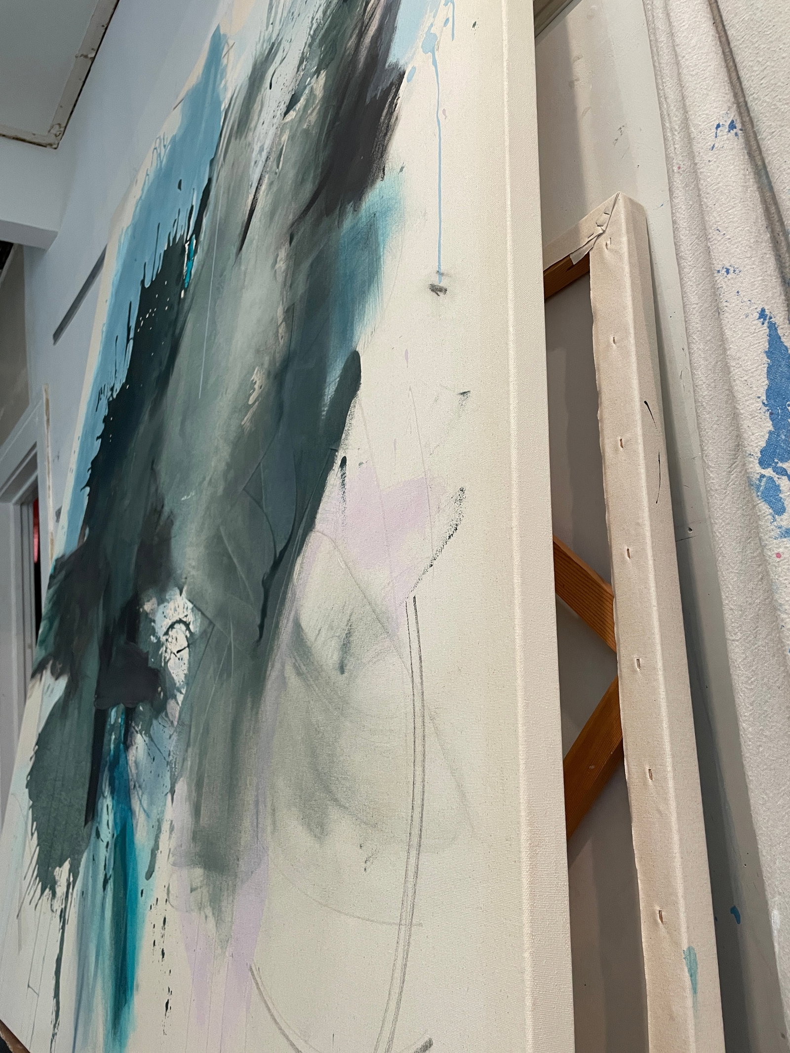 Sings My Soul Oversized Lyrical Abstraction Painting in Dark Green and Blue by Stacey Warnix - 15