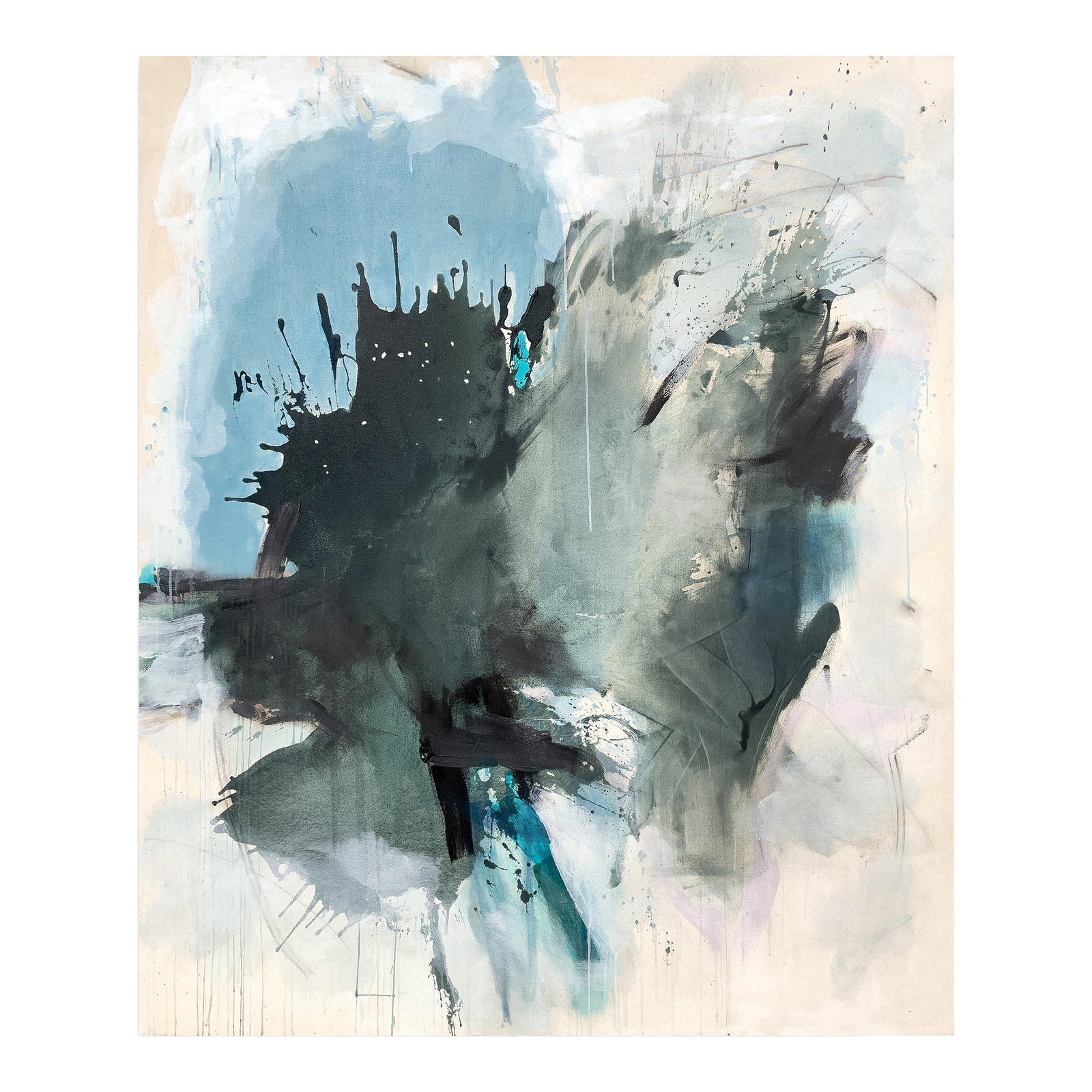 Sings My Soul Oversized Lyrical Abstraction Painting in Dark Green and Blue by Stacey Warnix: SINGS MY SOUL is a captivating abstract painting meticulously crafted on raw canvas. The frenetic, gestural applications create a wonderfully tactile surface. Layers are intentionally distressed,