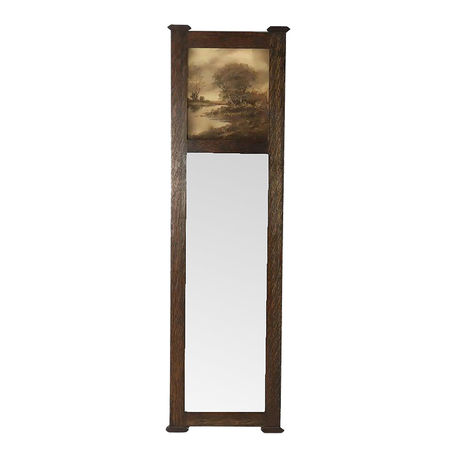 43" Stickley Style Arts & Crafts Oak Trumeau Printed Landscape Wall Mirror C1920: Large Stickley Style Arts & Crafts Oak Trumeau wall mirror with upper panel having print of landscape painting, c1920. Measures - 43 1/4" x 12 3/4" x 1" Condition: Alterations: Unknown Imperfections: 