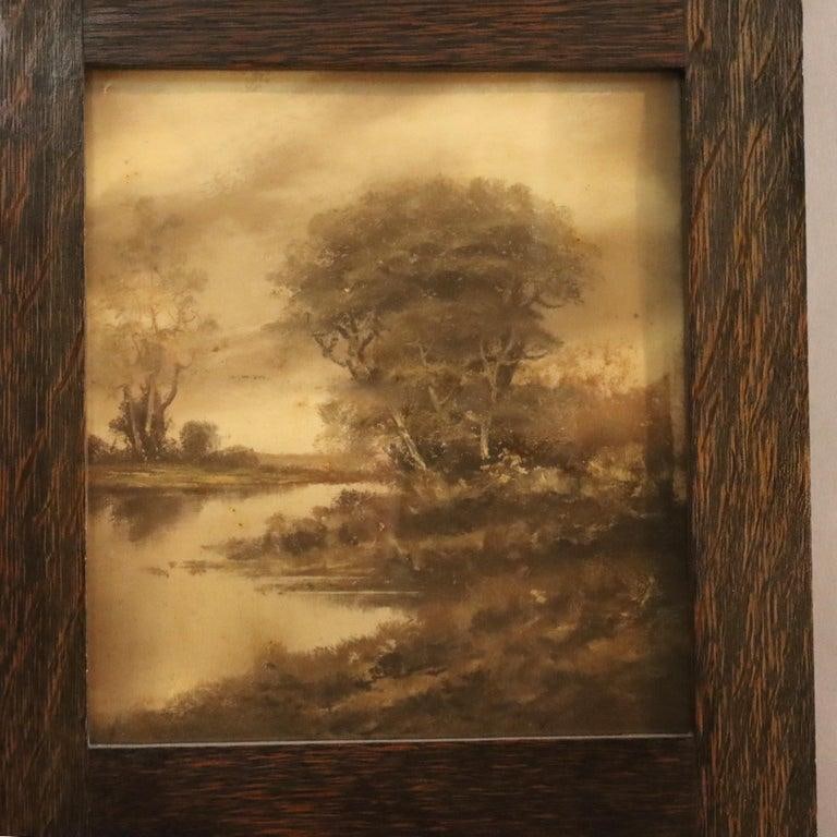 43" Stickley Style Arts & Crafts Oak Trumeau Printed Landscape Wall Mirror C1920 - 2