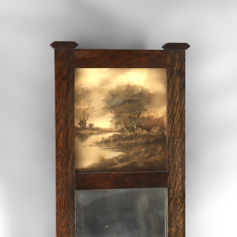 43" Stickley Style Arts & Crafts Oak Trumeau Printed Landscape Wall Mirror C1920 - 3