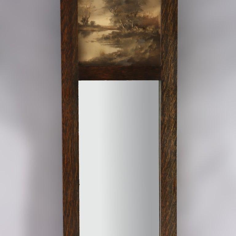 43" Stickley Style Arts & Crafts Oak Trumeau Printed Landscape Wall Mirror C1920 - 6