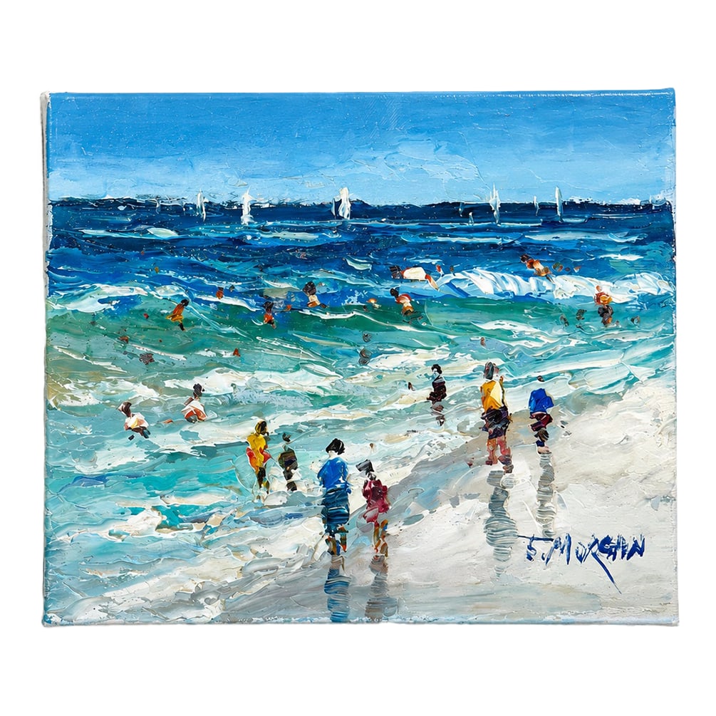 Coastal Beach Scene Original Oil Painting on Canvas, 14" X 11" Impressionist Seascape: Original oil on canvas by J. Morgan. This expressive original oil painting captures the energy and joy of a sunlit coastal day, rendered in a richly textured impasto technique with vibrant ocean