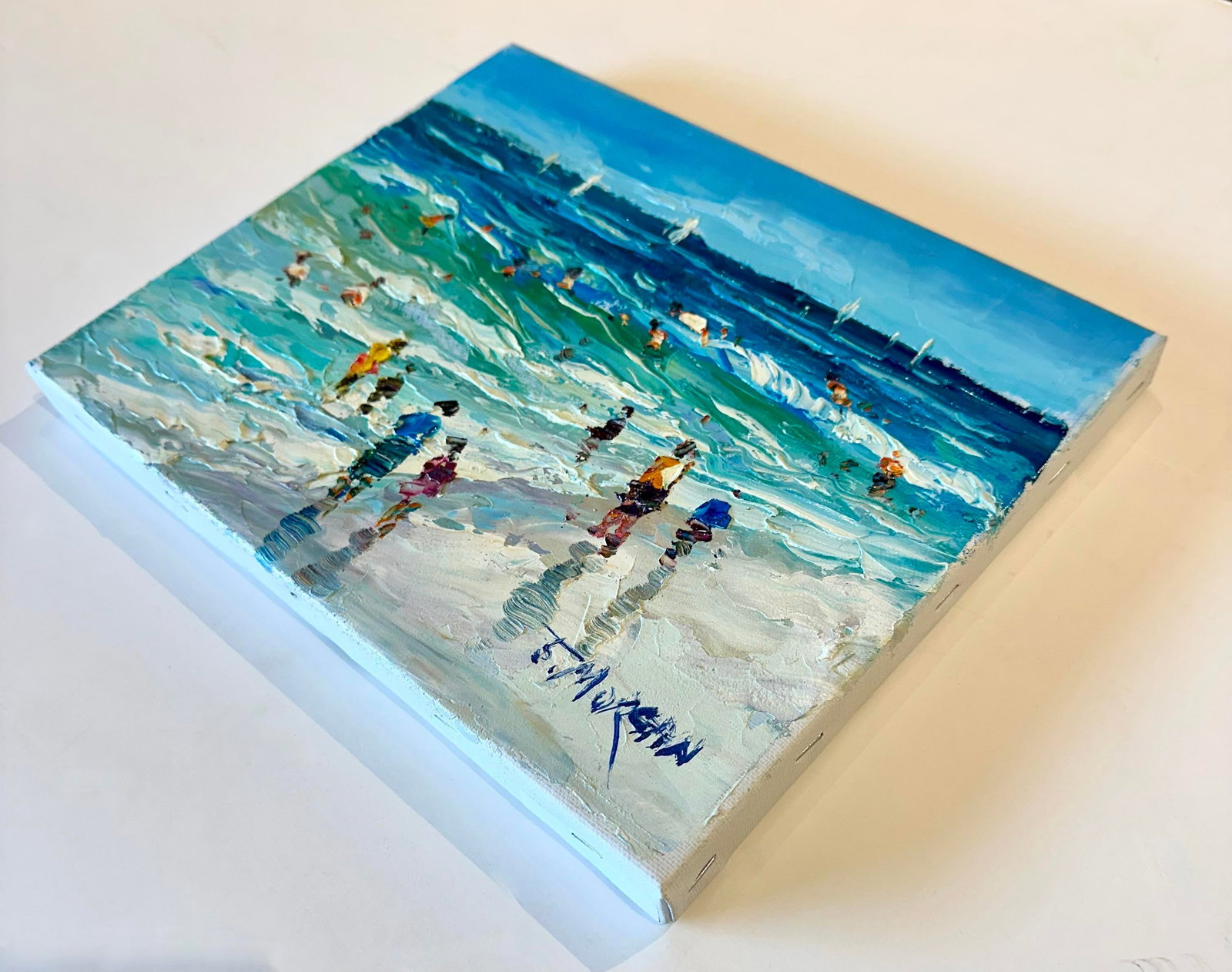 Coastal Beach Scene Original Oil Painting on Canvas, 14" X 11" Impressionist Seascape - 4
