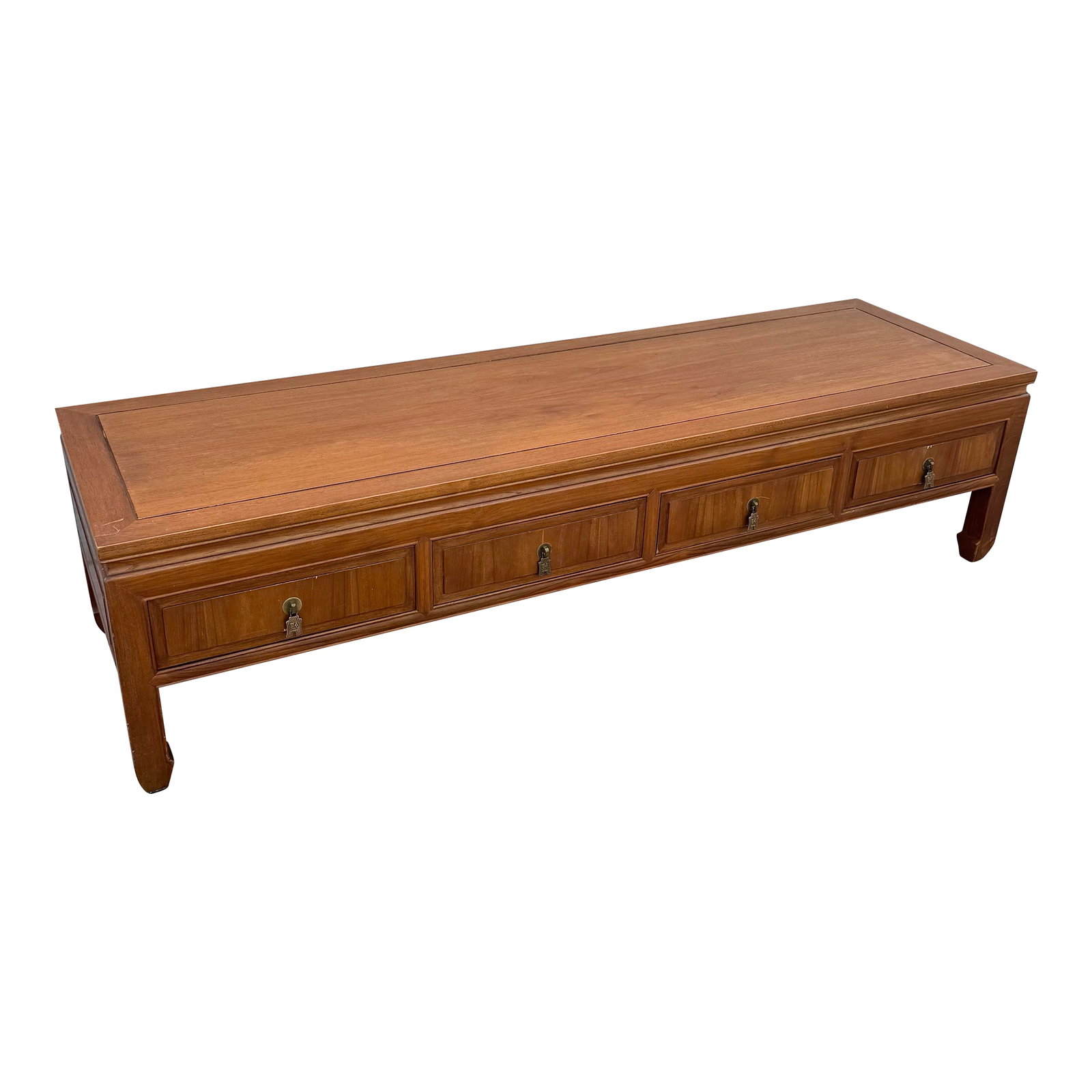 Taiwanese Ming Style Walnut Coffee Table by Ricardo Lynn: An elegant Taiwanese Ming-style coffee table by Ricardo Lynn, beautifully crafted from warm walnut with clean architectural lines and refined Asian-inspired detailing. Featuring four discreet drawers