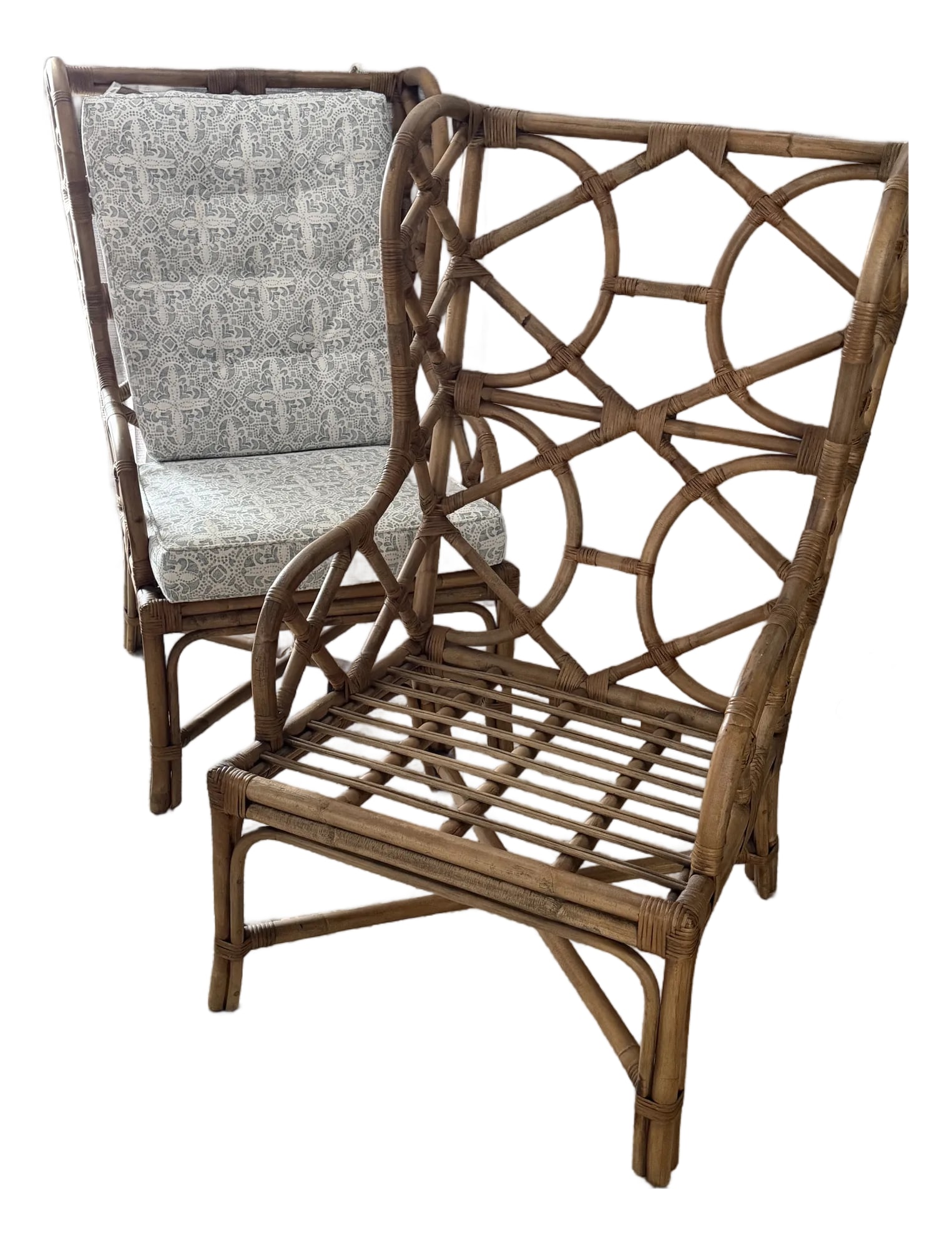 Set of Two Natural Rattan Wingback Watson Chair With Cushions: The Watson Chair features an elegant, open-weave design crafted from natural rattan, providing both durability and style. Gabby brings a twist on a traditional wing backed chair with clean geometric