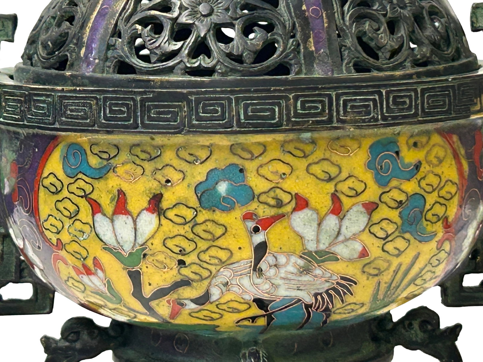 Chinese Metal Blue Yellow Enamel Cloisonne Ding Shape Incense Burner Figure - 13