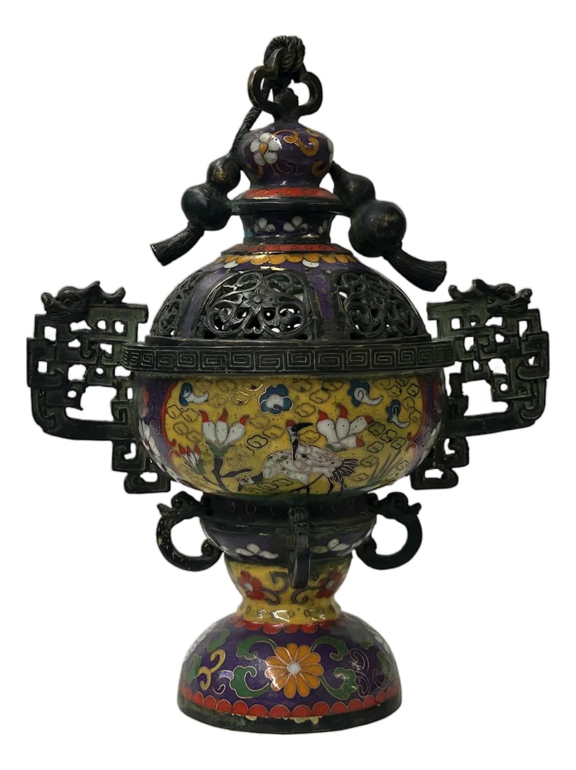 Chinese Metal Blue Yellow Enamel Cloisonne Ding Shape Incense Burner Figure: This striking Chinese cloisonné enamel censer, features an ornate, tripod-based silhouette crowned by a meticulously pierced lid. The central body showcases a vibrant yellow ground decorated