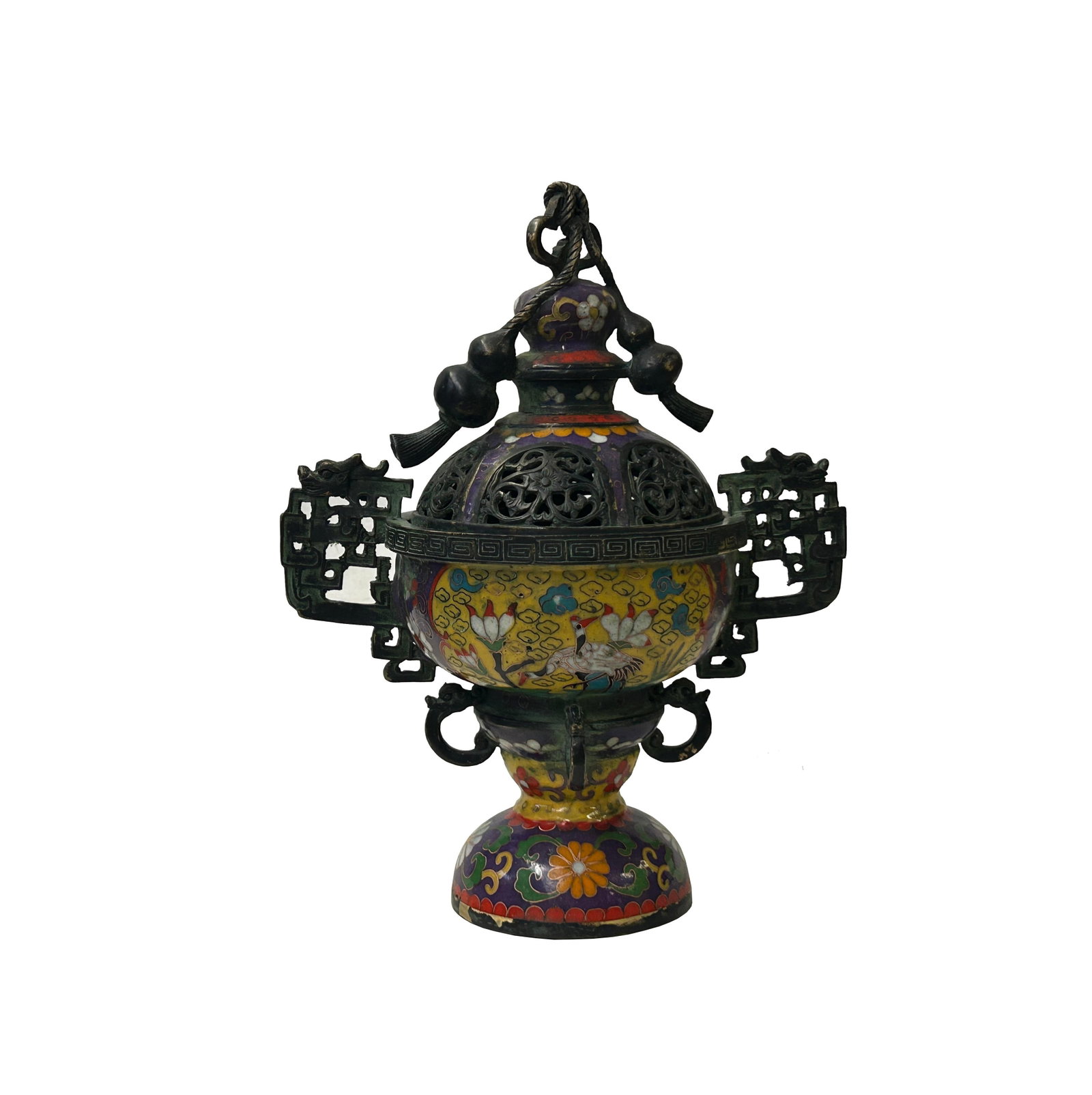 Chinese Metal Blue Yellow Enamel Cloisonne Ding Shape Incense Burner Figure - 2