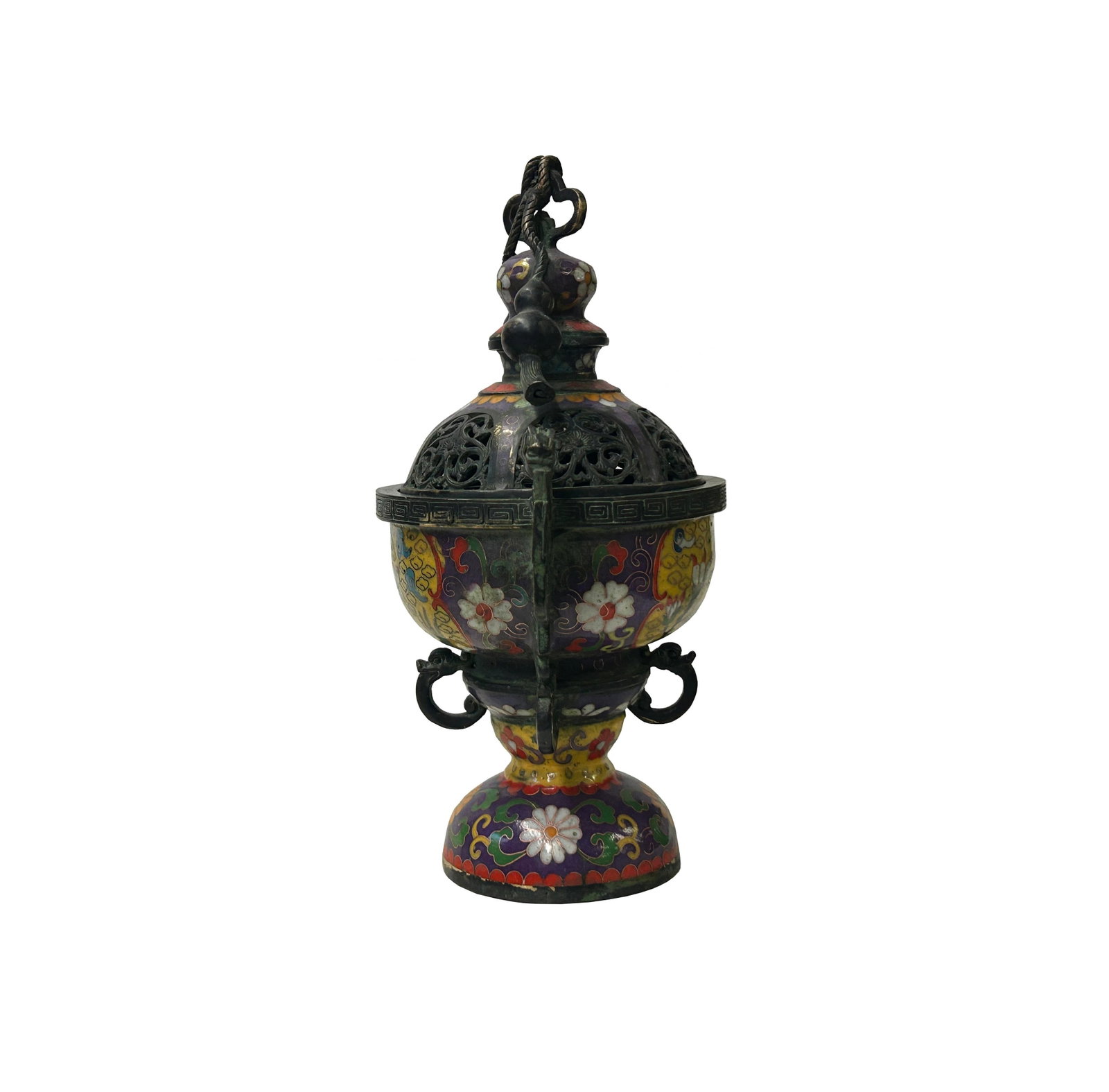 Chinese Metal Blue Yellow Enamel Cloisonne Ding Shape Incense Burner Figure - 3