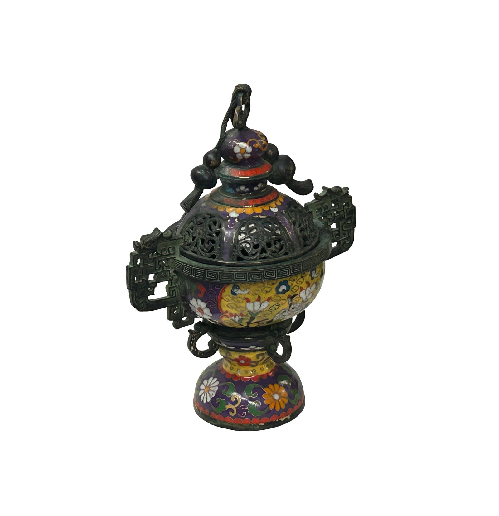 Chinese Metal Blue Yellow Enamel Cloisonne Ding Shape Incense Burner Figure - 4