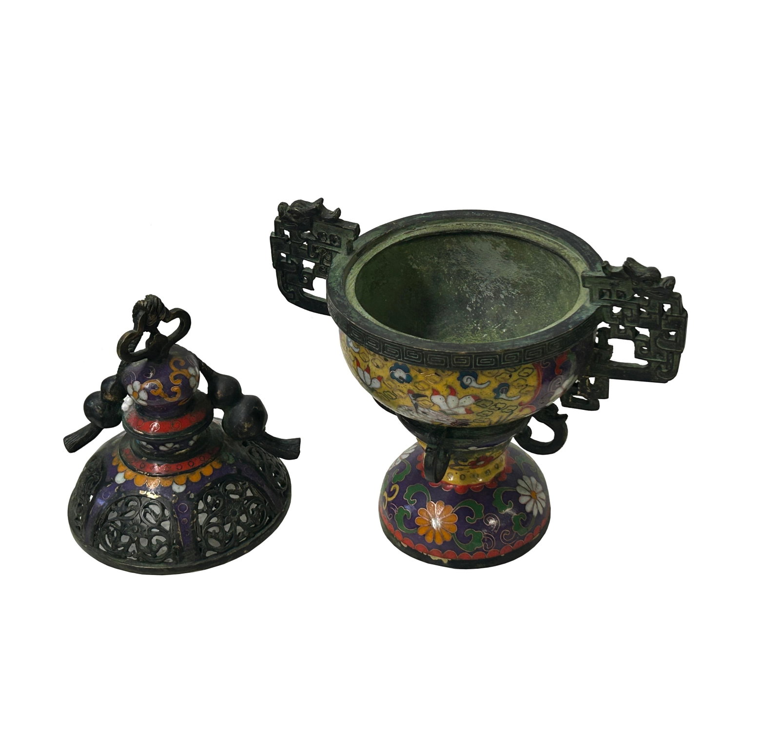 Chinese Metal Blue Yellow Enamel Cloisonne Ding Shape Incense Burner Figure - 6