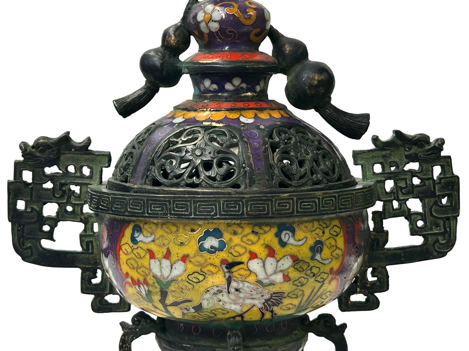 Chinese Metal Blue Yellow Enamel Cloisonne Ding Shape Incense Burner Figure - 9
