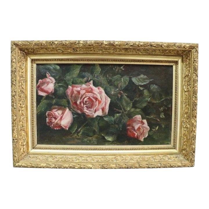 Oil on Canvas Floral Still Life Painting of Roses in Original Gilt Frame C1890: An exquisite antique oil on canvas painting presents a floral still life composition featuring lush pink roses, rendered with delicate brushwork and a rich, dark background that accentuates their