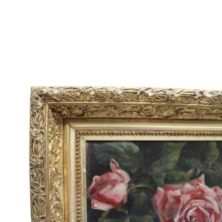 Oil on Canvas Floral Still Life Painting of Roses in Original Gilt Frame C1890 - 6