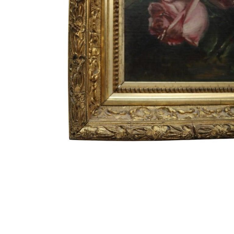Oil on Canvas Floral Still Life Painting of Roses in Original Gilt Frame C1890 - 7