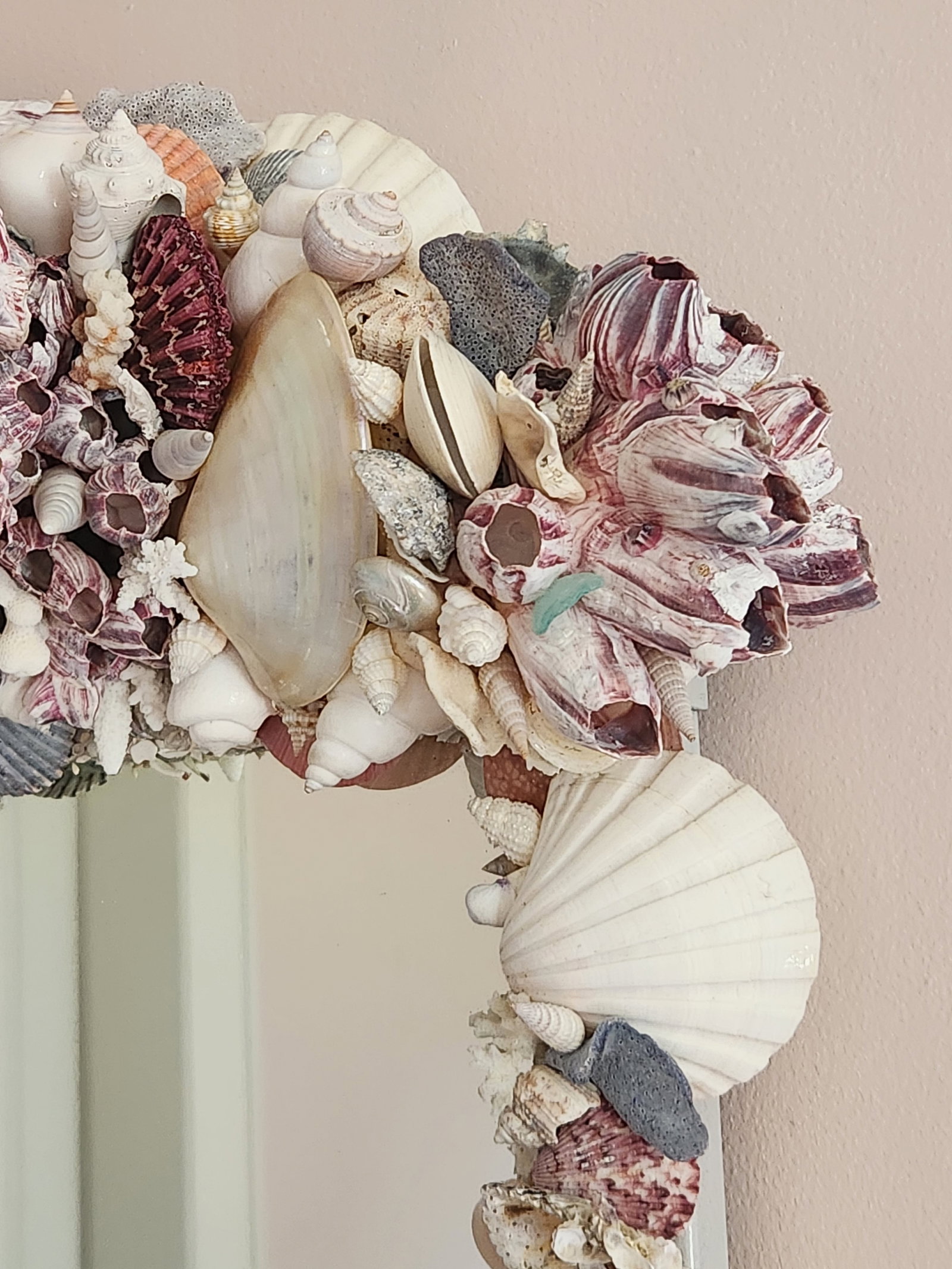 Seashell Encrusted Wall Mirror, Coastal Grandma Decor, Scallop Shell Accent - 11