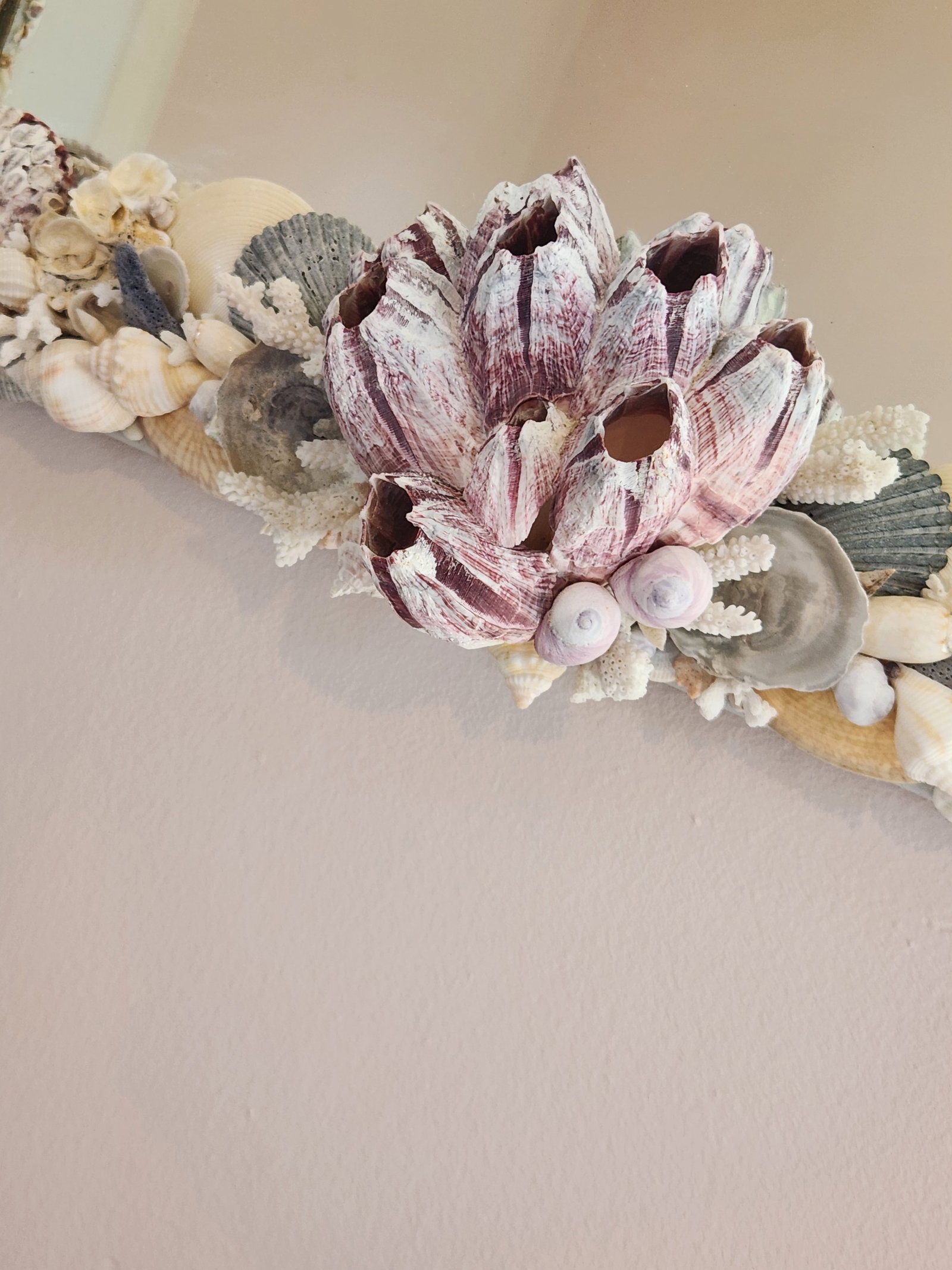 Seashell Encrusted Wall Mirror, Coastal Grandma Decor, Scallop Shell Accent - 13